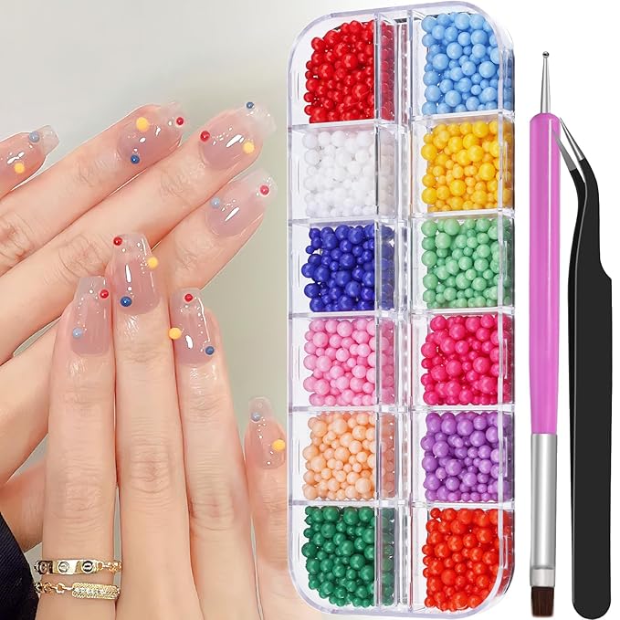 3D Mini Small Metal Stainless Steel Caviar Nail Beads Balls, 0.8-3mm Gold Silver Alloy Nail Art Chain Charms Studs with Tweezers and Dual-end Brush (20-K1-colorful-beads)