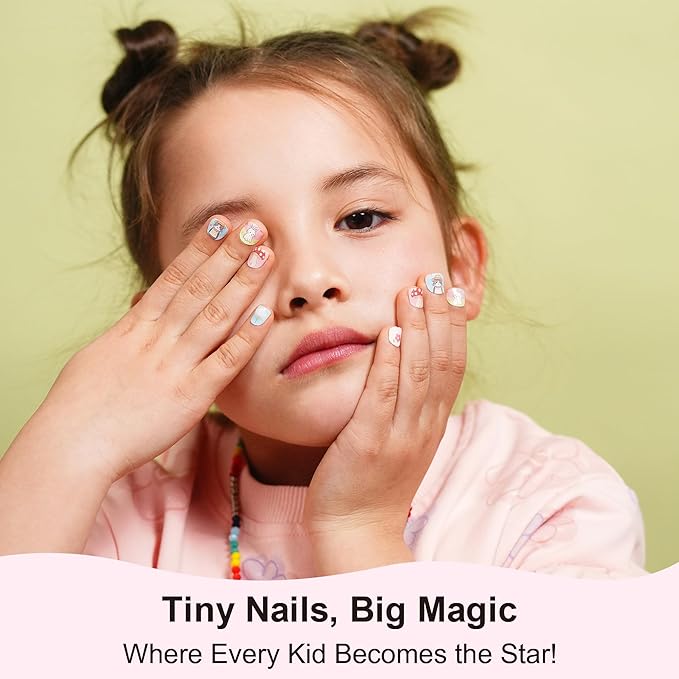 DANNI & TONI Kids Gel Nail Strips Cat Bunny Flowers Mashroom Salon-Quality Peel & Stick Manicure for Children (Age 6+)– Safe, Long-Lasting, Easy to Apply | Purr & Hop