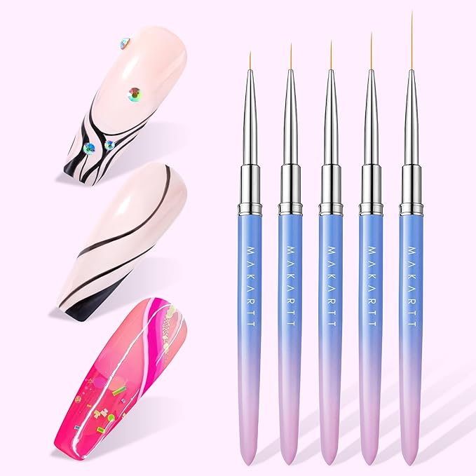 Makartt Nail Art Brushes Set: 5pcs Liner Brushes 7/9/11/15/25mm Thin Nail Art Design Brush with Cap Nail Polish Brush for Builder Gel 3D Nail Gel French Tip Tool Nail Painting