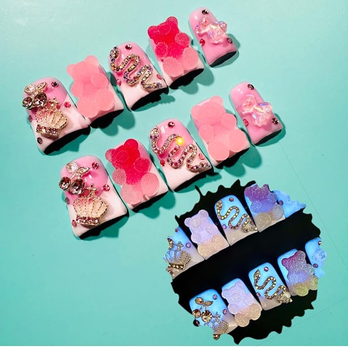 10 Pieces Luxury Acrylic Press On Nails Short Handmade Duck Nails, Glow In The Dark 3D Sugar Frosted Bear, Pink Cute Candy Bear, Thickened False Nails, Reusable Acrylic Nails (S)