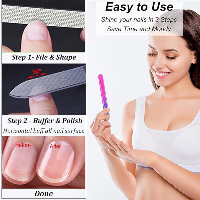 Diamond Nail File with Crystal Nail Shiner Set, Stainless Steel Nail File with Nano Glass Buffer, Metal Sapphire File with Nail Polisher, Professional Manicure Pedicure Kit for Salon Home and Travel