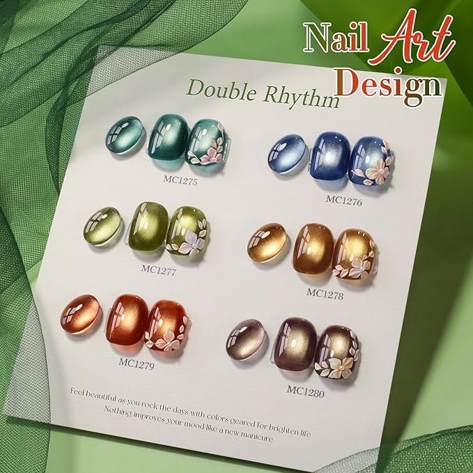 Double Rhythm 0.5 OZ Cat Eye Gel Polish with Magnet 15ML Holographic Glitter Shimmer Translucent Jelly Color Magnetic Nail Polish Salon DIY at Home (Winter Green-MC1275)