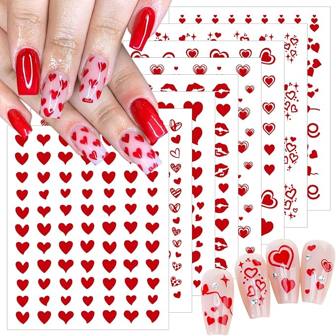 8 Sheets Red Heart Nail Art Stickers Romantic Valentines Nail Stickers 3D Self-Adhesive Love Lips Crown Nail Design Decals French Tip Nails Art Supplies for Women Holiday Decor Valentine Manicure Set