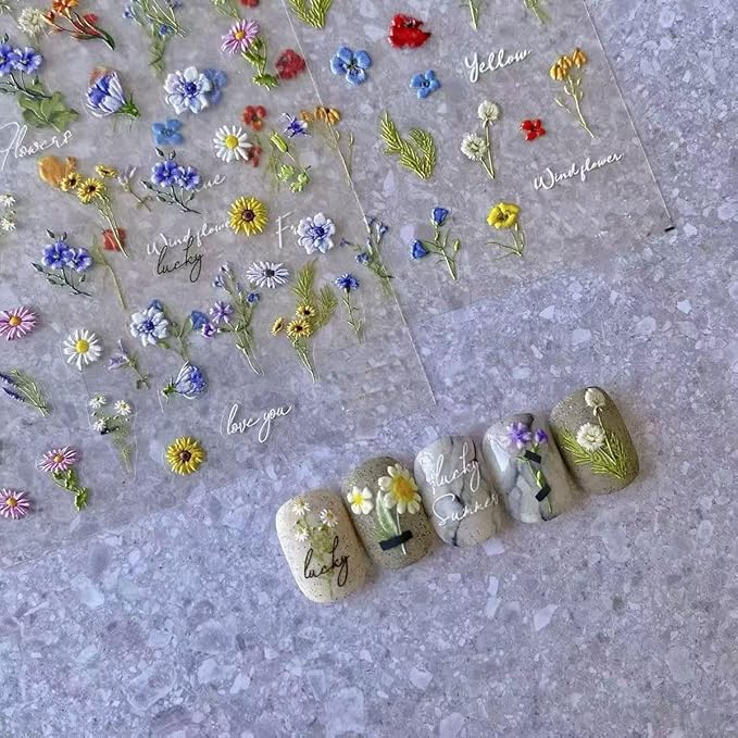 Magrace Nail Stickers for Spring 4 Sheets 5D Self-Adhesive Nail Art Decals for Women Flower Stickers Decoration