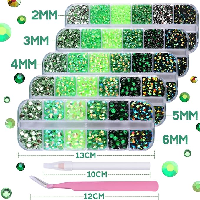 5 Boxes 12420pcs Sparkling Crystal Nail Rhinestones Kit, Flatback Multicolor Transparent Jelly AB Mermaid Gems with Pick Up Pen and Curved Tweezers for Manicure Salon & Craft DIY Designs (Green)