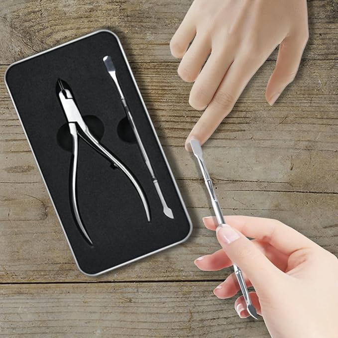 Guowall 2pcs Cuticle Trimmer Remover and dead skin pusher Personal Beauty Care Tools Manicure Set with Metal Storage Box