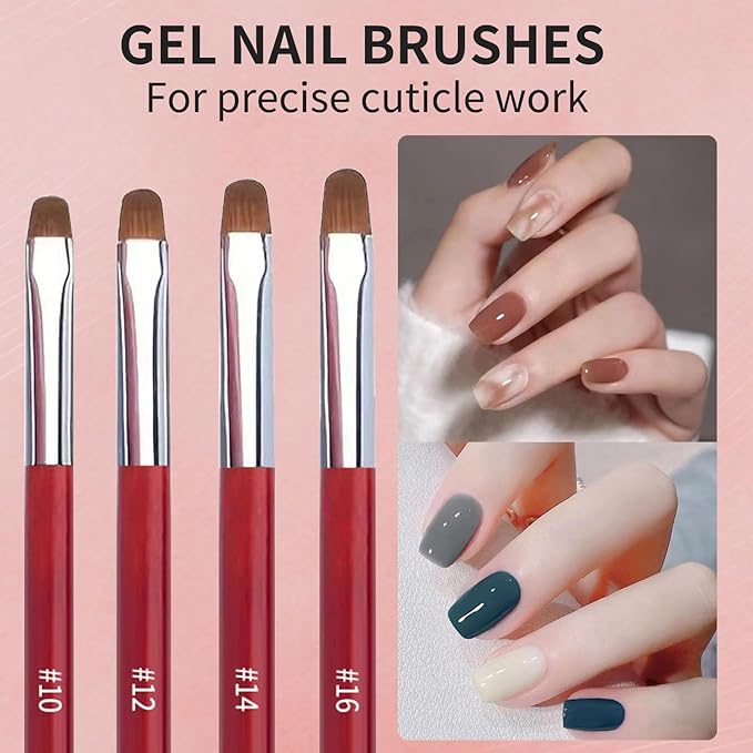 4Pcs French Tip Brush, Double-Ended French Brushes for Nails with Dotting Tool, Clean Up Brush for Gel Nail Polish, Size 10/12/14/16, Acrylic Nail Art Brushes, Manicure Tools for Nail Design-Red