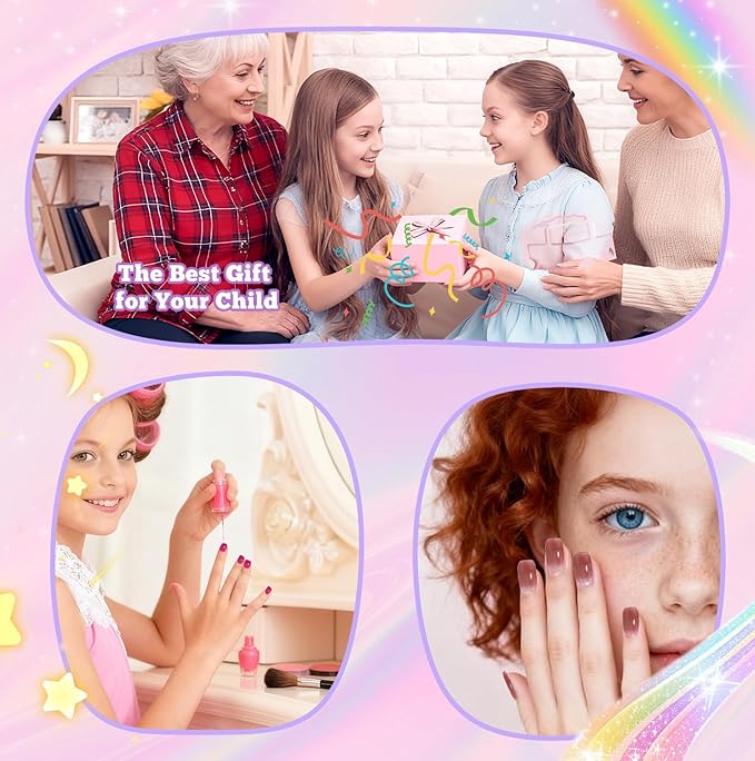 krofaue Short Suqare Kids False Nails - 240Pcs Press on Nails for Girls,Full Cover Children Fake Nails Decoration 10 Sizes Soft Gel Kids Nail Tips for for Home & Nail Salon Use (4-8 years old)