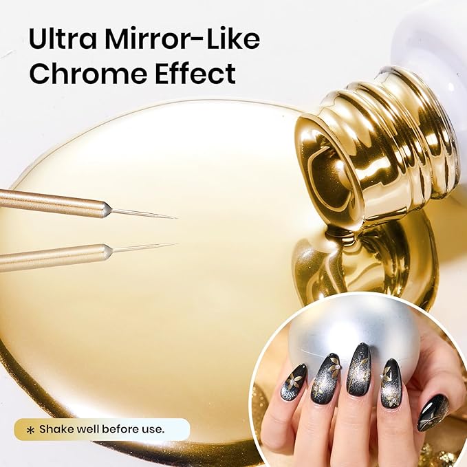 Beetles Gel Liner Nail Polish Set Metallic Silver Gold 2pcs Gel Nail Polish Art Chrome 3D High-Gloss Effect for Nail Paint Design with Thin Brush DIY French Manicure Gifts for Women