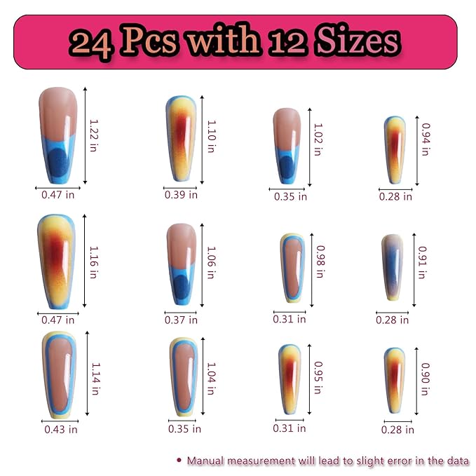 24pcs Colorful Sunset Long Square Press On Nails, Reusable Nail Kit with Nail Adhesive Tabs Mini Nail File, 12 Sizes (Sunset)
