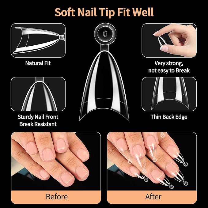 Almond Nail Tips,Soft Gel Almond X Press On Nails,300PCS Acrylic Nail Tips Half Cover Clear Gel Press on Flase Nail Tip for Extension 12Sizes