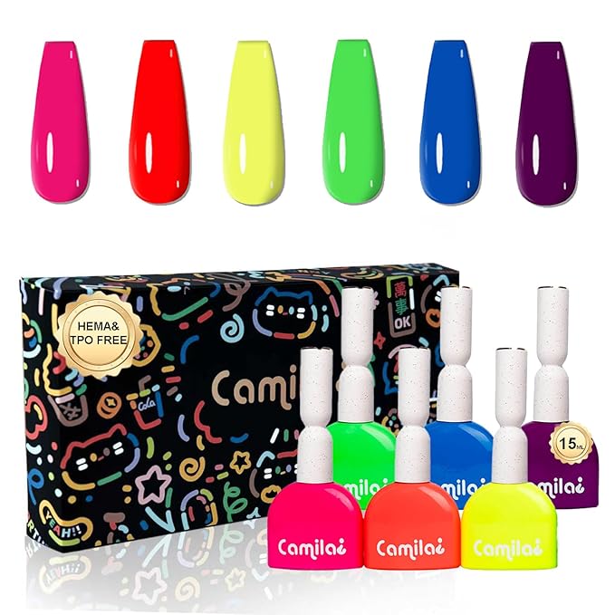 CAMILA ¿ 6pcs 15ml Neon Gel Polish Set Rainbow Red Pink Nude Green Yellow Gel Nail Polish Kit Soak Off Gel Polish Manicure Salon For Women I Set