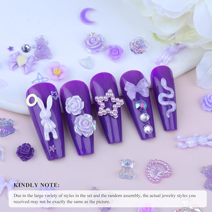 100 Pieces 3D Resin Butterfly Bear Nail Charms Rose Flower Peach Skirt Bow Deer Snake Rabbit Animal Shaped Nail Art Rhinestones Pearls for DIY Nail Art Decoration Making Craft (Purple)