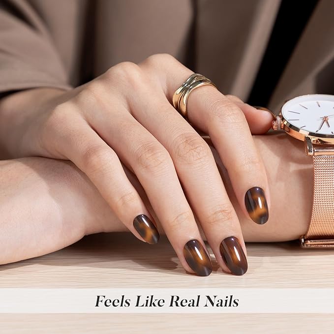 Tortoise Shell Press on Nails Short - SHANGMENG Soft Gel Oval Press on Nails for Women, Seamless Fit & Glossy Glue on Nails 16 Sizes - 32 Reusable Fake Nails Kit with Glue, Amber Memory
