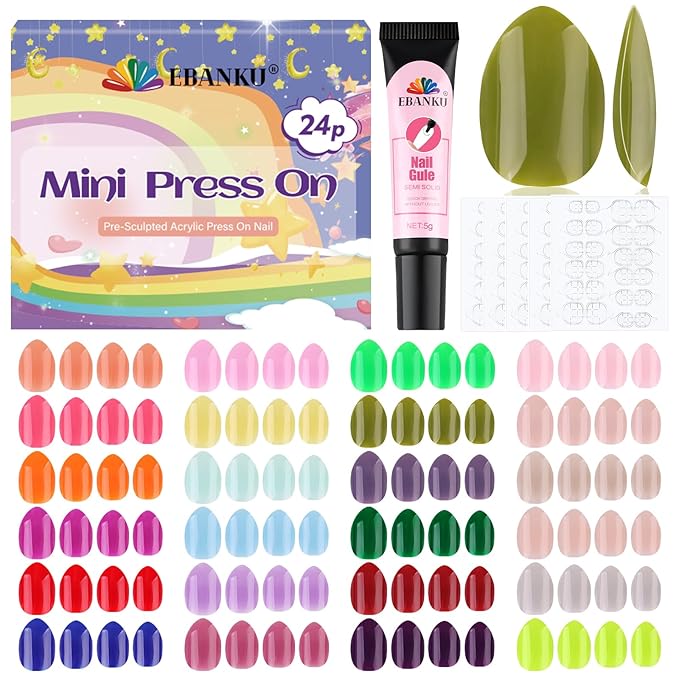 EBANKU 576 Pcs Kid Fake Nails, 24Pack Kids Press on Nails Short Full Cover Fake Nails for Girls with Nail Glue and Nail Adhesive Tabs for Child Christmas Party