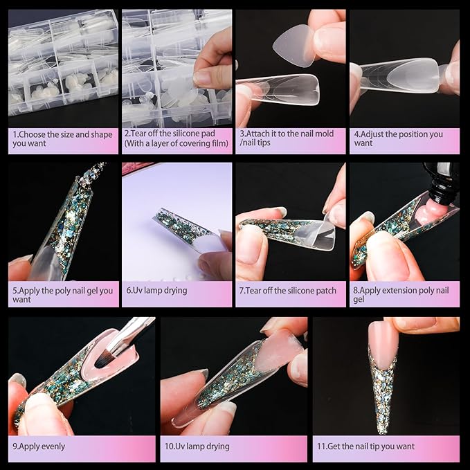 288 Poly Nail Gel Forms Set - Full Cover Dual Forms With Slip Solution for Acrylic Nails, 8 Types 4 Styles 12 Sizes Sticker Silicone for Manicure Extension