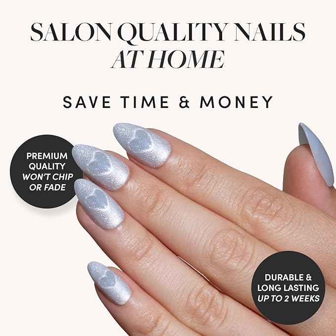 Valentines Day Glamnetic Press On Nails - Cold Hearted | Short Almond Fake Nails with Heart Accent and Pale Blue Velvet Finish, Salon Quality | 15 Sizes - 30 Nail Kit with Glue
