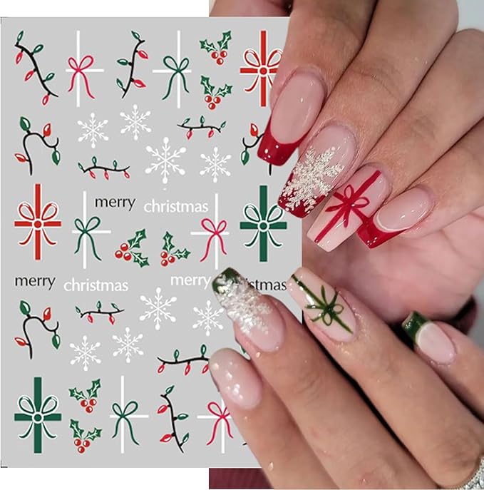 Christmas Gift Bow Nail Art Stickers, Santa Hat Elk Snowflake Design, 3D Self-Adhesive Glitter French Nail Tip Winter Holiday Nail Decals for Women (5 Sheets)