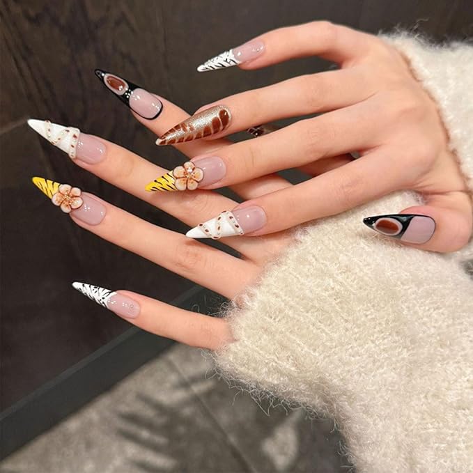 Luxury French Press on Nails Long Almond Nails with Glue,Brown Handmade False Nails with 5D Flower Art Design Autumn Winter Nail Press ons Muti-Layer Gel Handmade False Nails for Women (Size S)