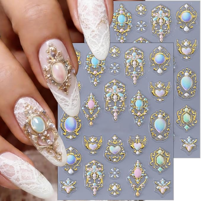 2 Sheets Luxurious Gold Nail Art Stickers Embossed Bohemian Style Nail Decals 5D Heart Flower Nail Stickers Self-Adhesive Mirror Bohemian Designs Nail Art Supplies for Women Manicure Accessories