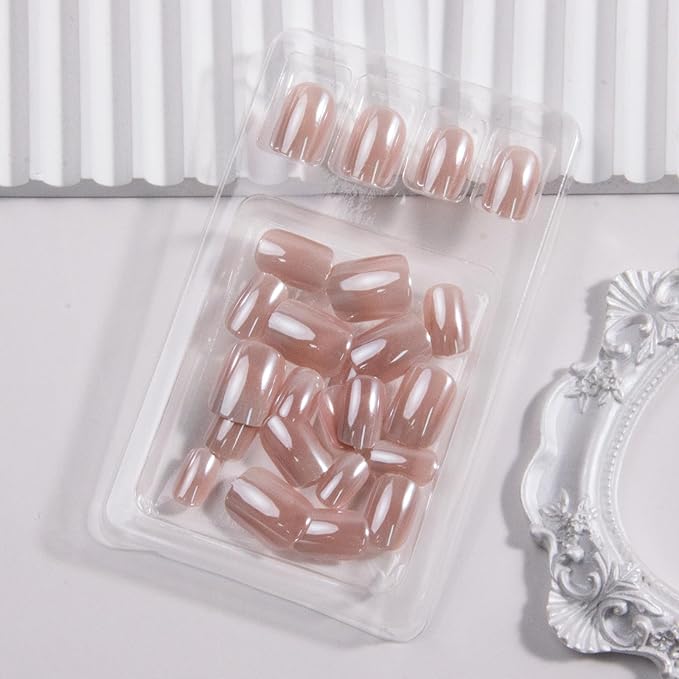 Ombre Press on Nails Short Square Fake Nails Chrome False Nails Press ons for Nude Gradient Manicure Reusable Artificial Nail Full Cover Glossy Glue on Nail Stick on Nails for Women 24 Pcs