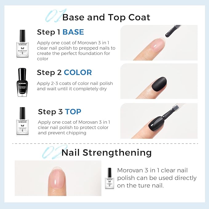 Morovan Base Coat Nail Strengthener: 3 IN 1 Nail Growth Top Coat Clear Quick Dry Nail Polish Strong Repairs Damaged Nail Hardener Long Lasting Shine No Chip Fingernail Treatment Care for Women Girls