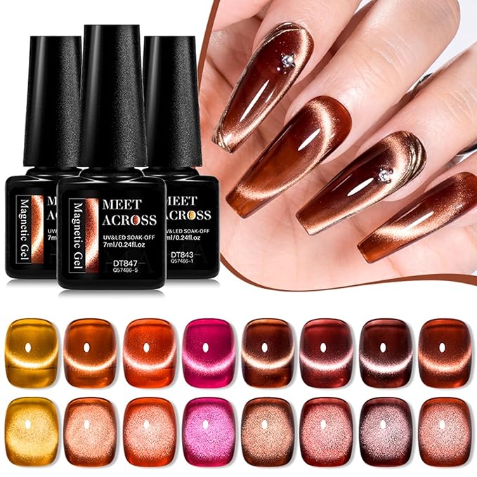 MEET ACROSS Amber Magnetic Gel Polish, Jelly Crystal Cat Eye Gel Nail Polish, Translucent Wine Red Brown Soak Off UV LED Gel Nail Salon Home Manicure Gel Polish