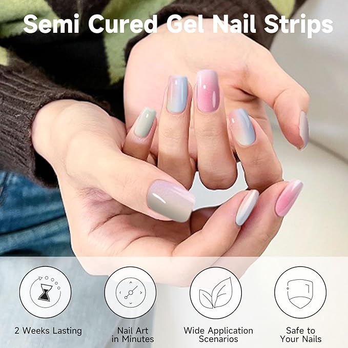 Semi Cured Gel Nail Strips, 28 pcs Gel Nail Stickers Work with Any UV Lights, Long-Lasting Nail Wraps for women DIY Art Gift, Easy to Apply & Remove