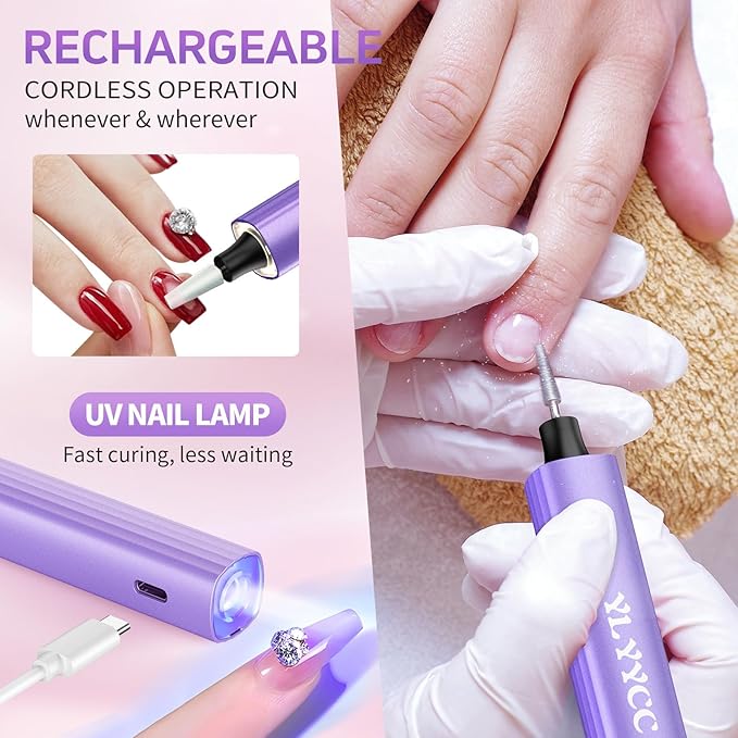 Electric Nail Drill Cordless Nail File with UV Lamp:Professional for Acrylic Gel Dip Powder Nails Portable Nail Kit Machine for Women Girl Manicure Pedicure Nail Set Rechargeable Lightweight