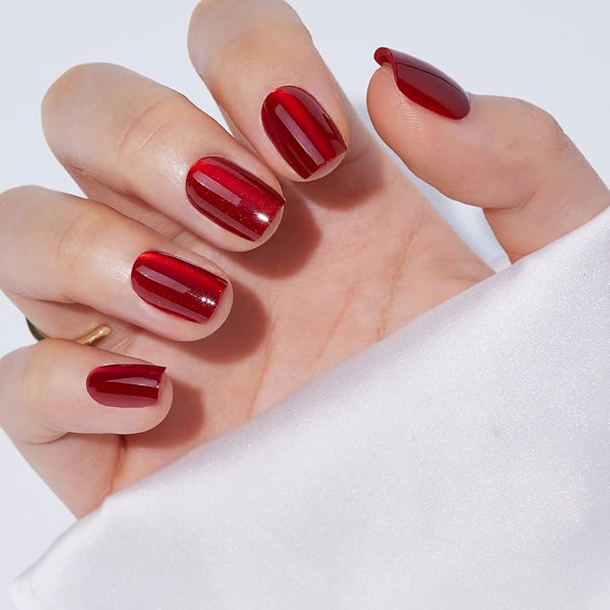 Short Red Fake Press On Nails - Findigit Cat Eye Square Stick On Nails with Nail Glue, Reusable Soft Gel Glue On Nails Kit Fit Natural False Nails for Women 16 Sizes - 32 Nail Kits, Square Ruby Red