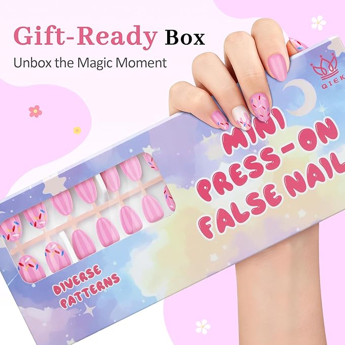 16 Sizes Press on Nails Kit for Kids - 32 Pieces French Almond Fake Nail Tips for Girls 8-12 Years Old with Jelly Nail Adhesives & No-Lamp Nail Glue, Birthday Gifts Easter(Pink Ice Cream)