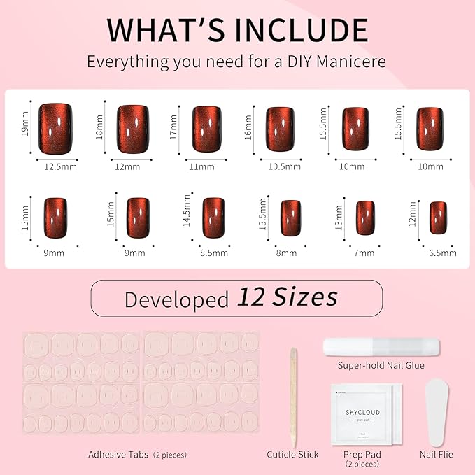 Orange Red Cat Eyes Press On Nails,12 Sizes-24 Pcs Soft Gel Orange Red Medium Square Fake Nails Kit with Nail Glue, Natural Reusable Stick On False Nails for Women and Girls (Skycloud Nails) SK0929