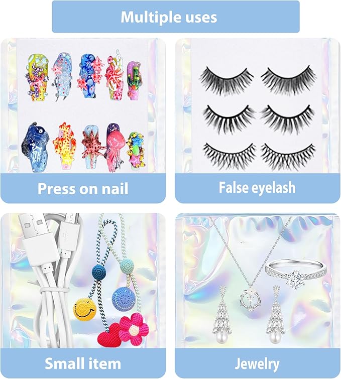 100 PCS Press On Nails Packaging Bag Holographic Nail Storage Bag and 100PCS Shiny White Pearl Card with 7 Sheets Pre-cut Nail Tape for Fasle Nail packaging Home Salon Business Use (Laser)