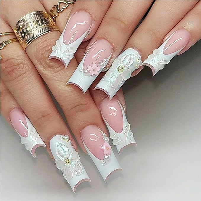 Long Square Press on Nails Pink and White French Tip Fake Nails with 3D White Flower,Pearl and Rhinestone Decor for Women 24pcs