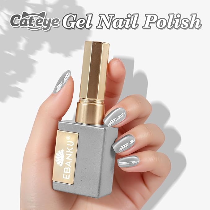 EBANKU Cat Eye Gel Polish with Magnet 15ML 0.5 OZ Holographic Glitter Shimmer Translucent Jelly Color Magnetic Polish Salon DIY at Home (Silver)