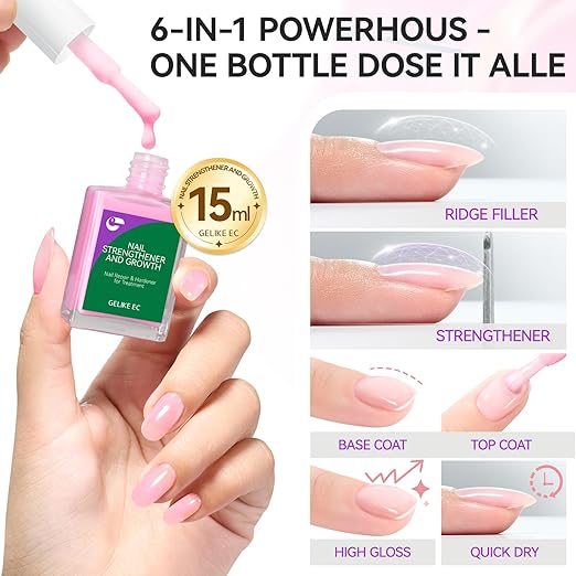 gelike ec Nail Ridge Filler and Strengthener Polish: Pink 6 in 1 Natural Nail Hardener Extra Strong and Growth - Long Lasting Nail Repair for Damaged Nails - For Daily Work Home Salon