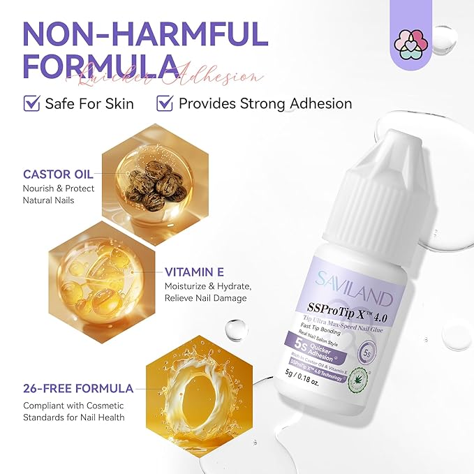 SAVILAND Nail Glue for Acrylic Nails Press On: 5S Fast-Drying Nail Glue Strong 0.18 Oz. Nail Tip Glue Extra Strength Nail Glue Castor Oil Vitamin E Hypoallergenic Nail Glue for Nail Tips No Cure Salon