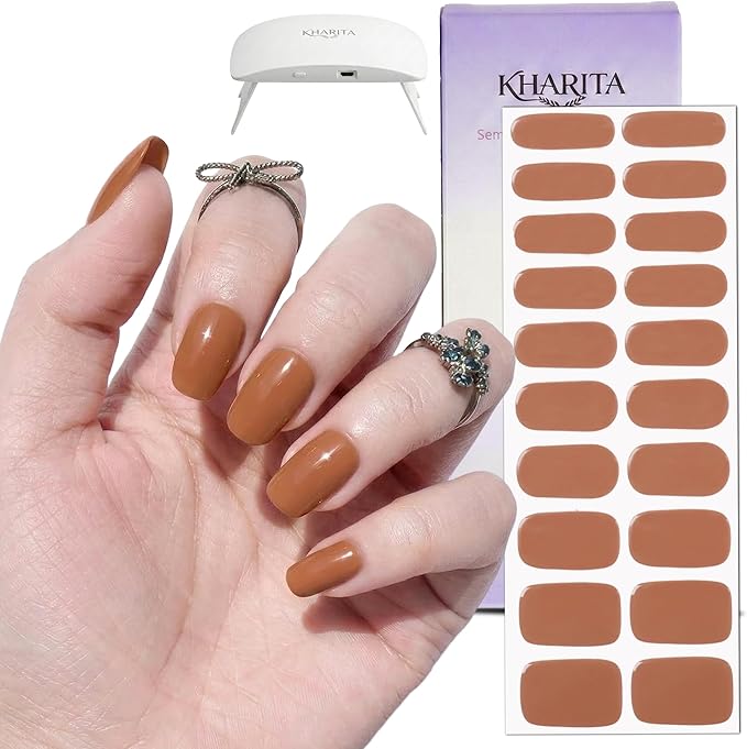 Semi Cured Gel Nail Strips – Real Gel Nail Polish Wraps for Brittle Nails | Waterproof Long Lasting Easy Peel-Off Removal | Hema-Free | 20-Piece Warm Brown Salon Kit with UV Lamps