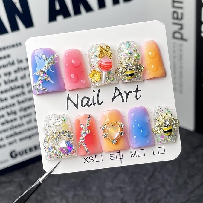 Gradient Press on Nails Luxury Handmade Fake Nail 3D Lollipop & Rhinetone Bee Design False Nails with Designs Heart Flower Press on Nails Muti-Layer Gel Thick Acrylic Nail for Women (Size S)