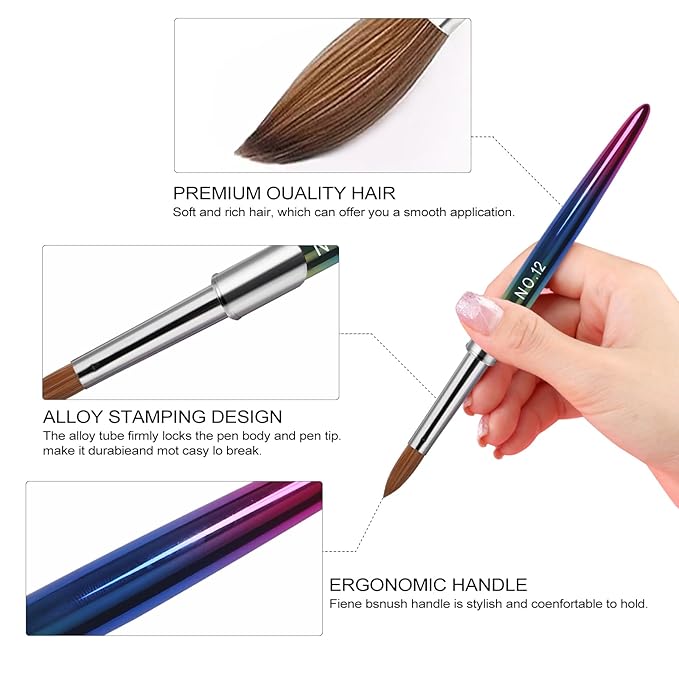 Kolinsky Professional Acrylic Brush Set - 4PCS for Nail Application, Size 10/12/14/16 Powder Brushes for Extension & 3D Carving