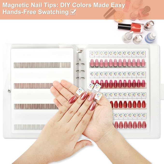96 Magnetic Nail Swatch Book,Leather Nail Color Display Book with 96 Magnetic Tips & Number Labels,Professional Nail Salon Color Display Book for Easy Preview & Storage ( 2 Page )