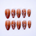 10 Pieces Handmade Press On Nails Medium Almond, Brown Thickened French False Nails, 3D Petals, Reusable Fake Nails Almond, Reusable Acrylic Nails (M)