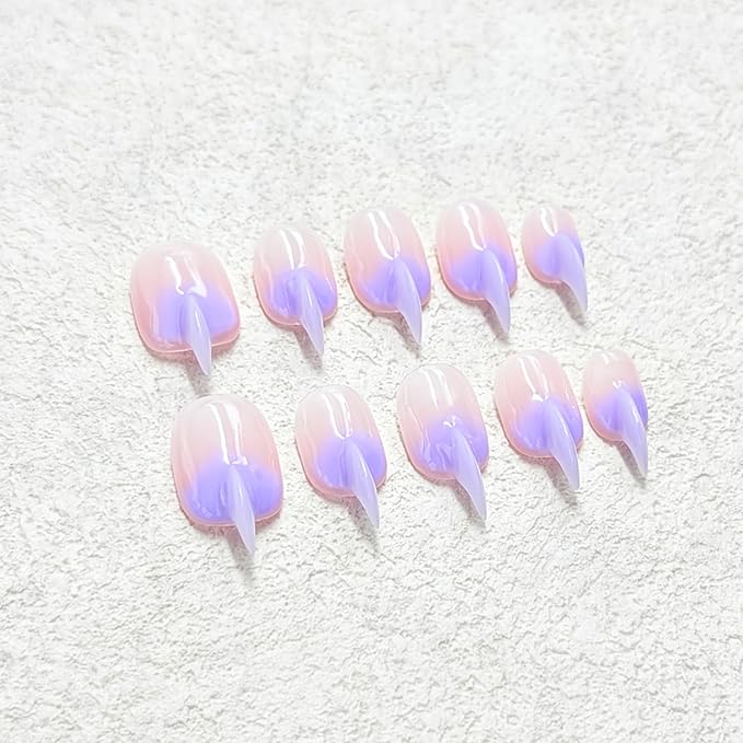 10 Pcs Curved Press on Nails Stiletto Medium Cat Claw Handmade Nails Press Ons Unique 3D Purple French Tip Cat Claw False Nails Thick Gradient Designs Stick on Nail Reusable Glossy Acrylic Nail (S)