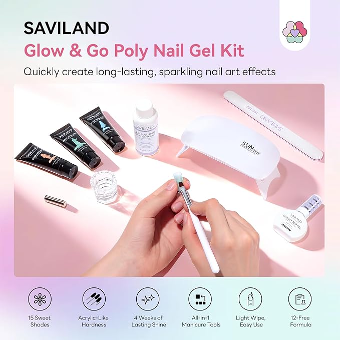 SAVILAND Hema-Free Poly Gel Nail Kit for Beginner :15 Poly Gel Colors Kit for 4 Weeks Lasting, Clear White Pink Sheer Cat Eye with U V Lamp Slip Solution for Quick Nail Extensions Travel Party Art DIY