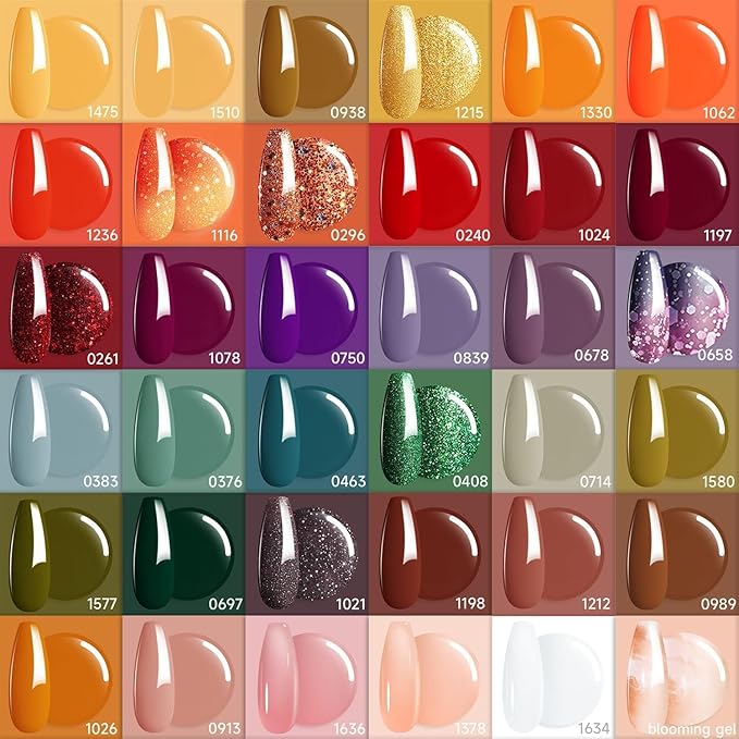 modelones 40 Pcs Gel Nail Polish Set, Nude Brown Green Red Purple Orange Gold Jelly White Colors Blooming Gel Polish Kit with Base Coat & Matte Glitter Glossy Top Coat DIY Mani Gfit