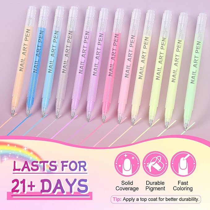 EBANKU 12 Colors Nail Art Pens Kit 1 MM Ultra-Fine Tip 3D Nail Polish Pens Quick-Dry Acrylic Paint Pens Nail Markers Dotting Tools for Holiday Nails Home & Salon Manicure