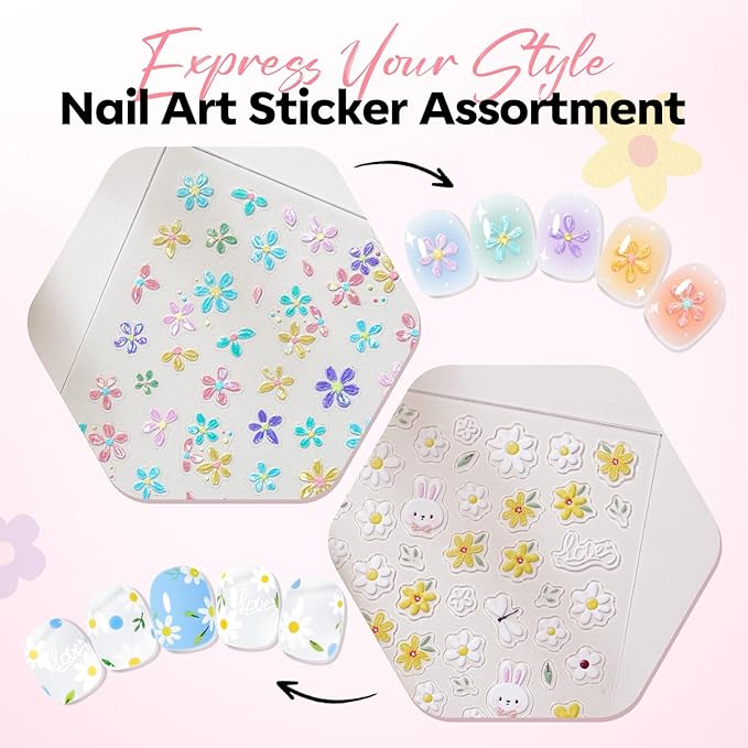 modelones Gel Polish Flower Nail Stickers, 3D Embossed Colorful Floral Daisy Heart Bunny Nails Supplies Flower Nail Art Design for Spring Easter Manicure DIY Nail for Women & Kids 5Pcs
