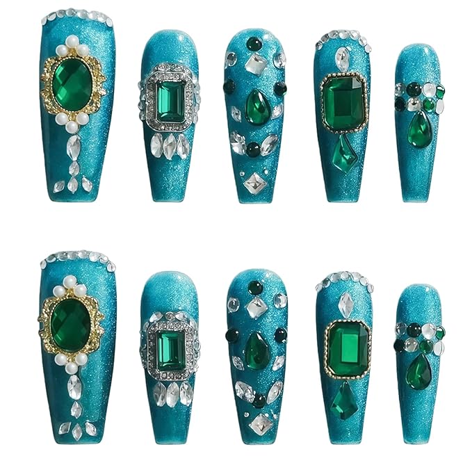 Emerald Luxury Green Press on Nails Long Coffin - Handmade 3D Design with Multi-shape Rhinestones & Crystal Gems Sparkling Elegant False Nails for Women Daily Wear(Emerald Green Sparkle,M)