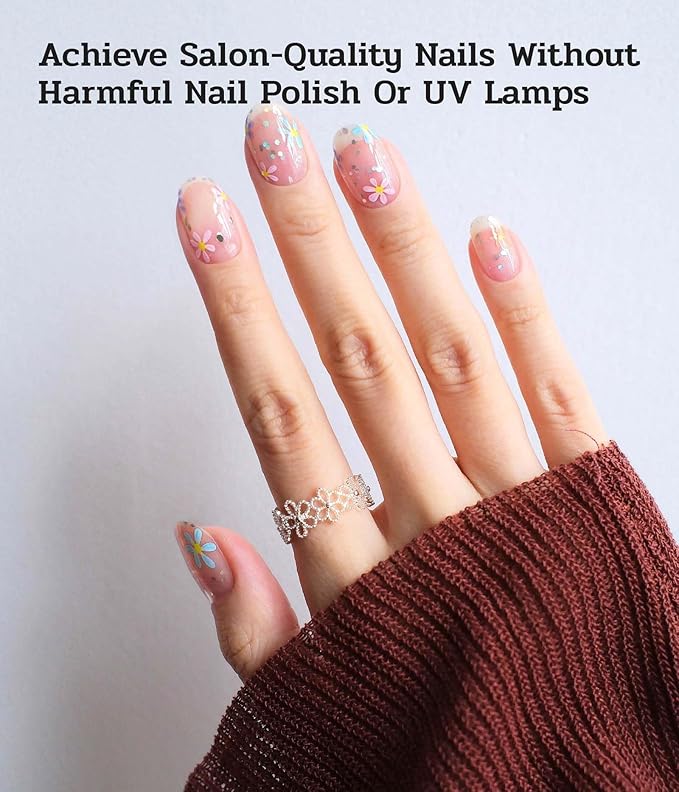 Nail Polish Strips (No UV Lamp Needed) - 22 Pcs Salon Quality Gel Nail Stickers - Long Lasting Wraps (Sheer Daisy White)