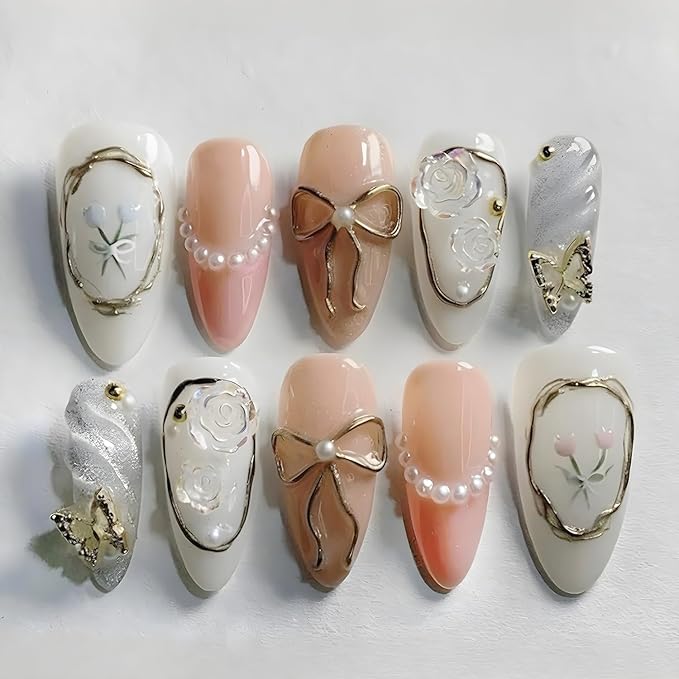 30Pcs Almond Press on Nails Medium French Tip Fake Nails with 3D Pearl Butterfly Rhinestone Designs Cute Glue on Nails Gold Chrome Bow Acrylic Nails Rose Flower False Nails Supplies for Women